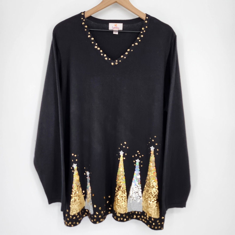 Quacker Factory Black Sequin Christmas Tree Sweater Size 2X Holiday Festive